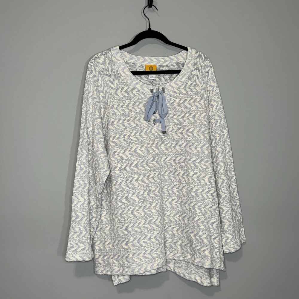 Ruby Rd Woman Sweater Tunic White Blueβ Geometric Lace Up 2X Textured Knit